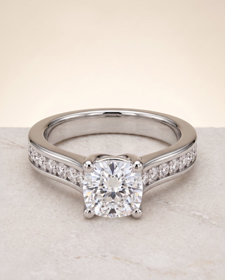 The Celesta Channel Set Pavé Cushion Cut Engagement Ring Setting in Platinum