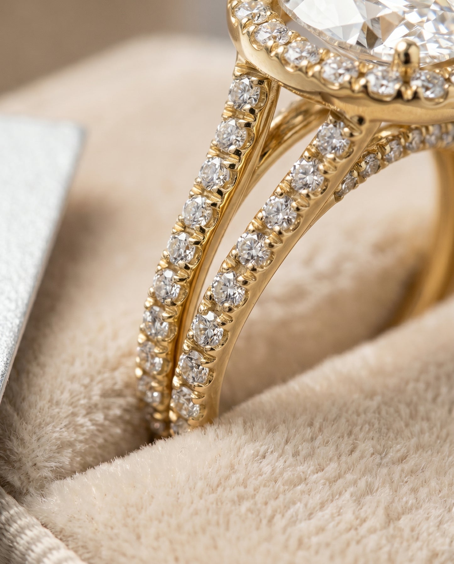 The Celine Two Row Pavé Split Shank Halo Oval Engagement Ring Setting in 18K Yellow Gold