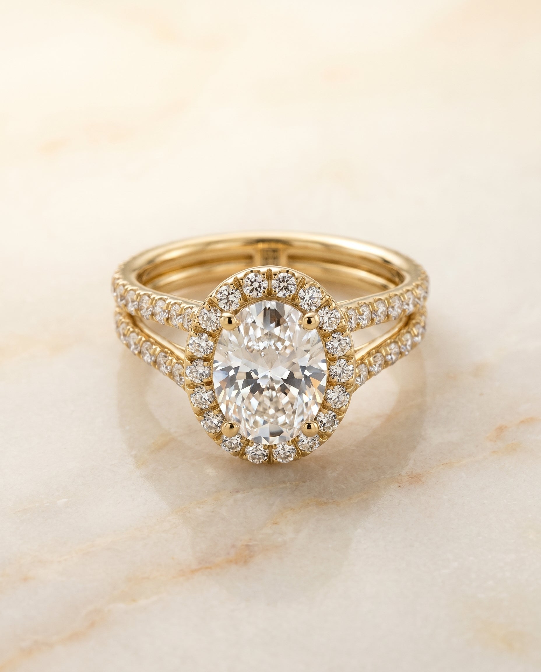 The Celine Two Row Pavé Split Shank Halo Oval Engagement Ring Setting in 18K Yellow Gold