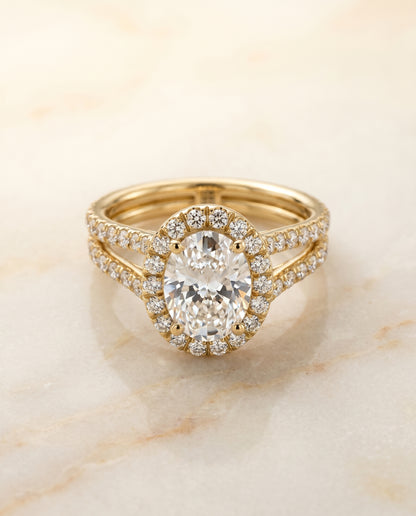 The Celine Two Row Pavé Split Shank Halo Oval Engagement Ring Setting in 18K Yellow Gold