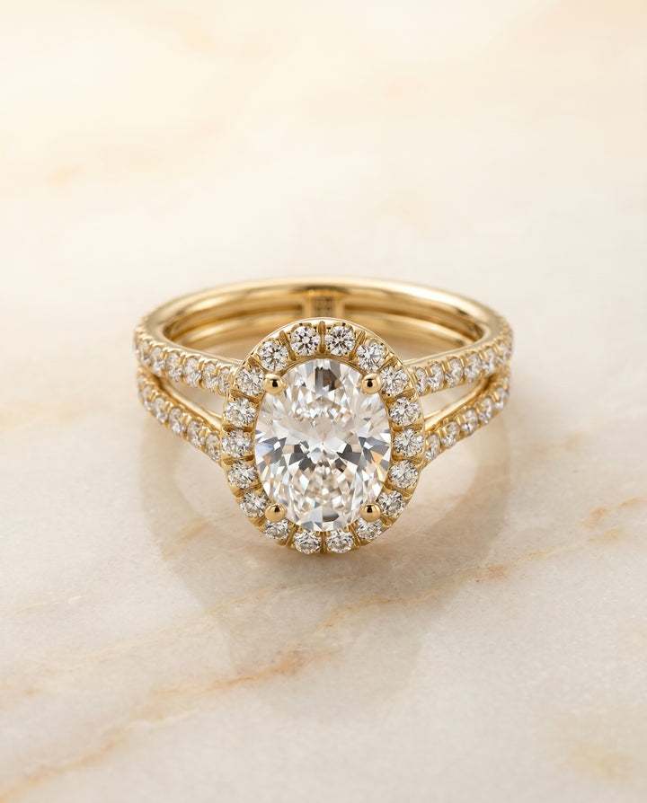 The Celine Two Row Pavé Split Shank Halo Oval Engagement Ring Setting in 18K Yellow Gold