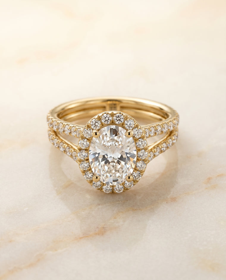 The Celine Two Row Pavé Split Shank Halo Oval Engagement Ring Setting in 18K Yellow Gold