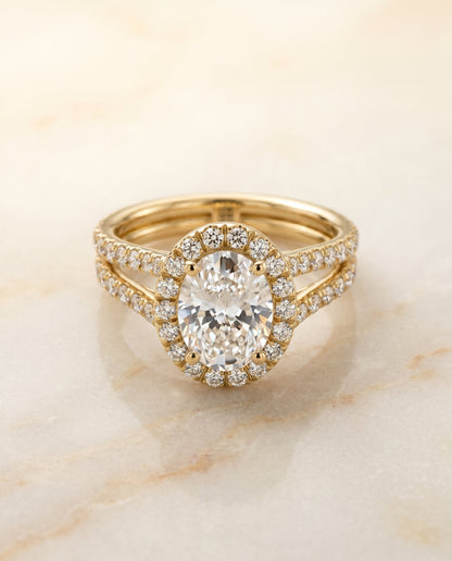 Celine Select Halo Oval Lab Diamond Engagement Ring in 18K Yellow Gold, shown on hand, angled | RockHer