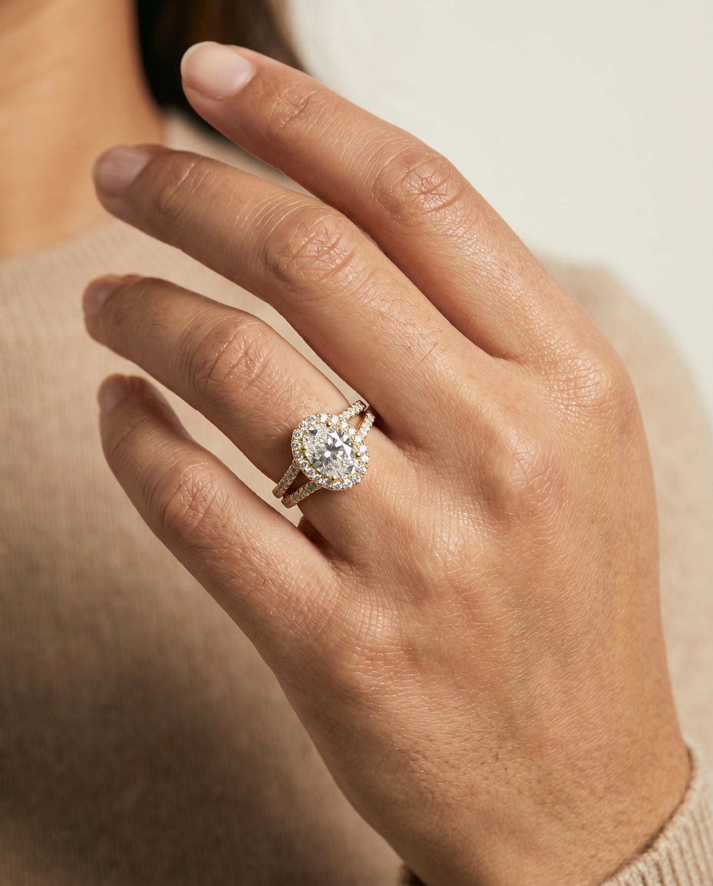 The Celine Two Row Pavé Split Shank Halo Oval Engagement Ring Setting in 18K Yellow Gold