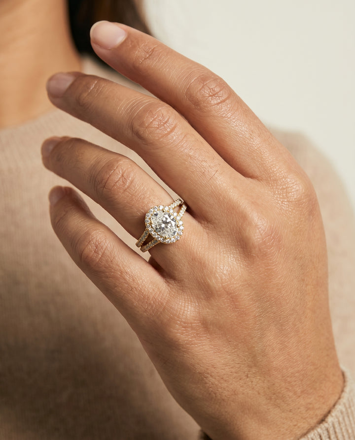 The Celine Two Row Pavé Split Shank Halo Oval Engagement Ring Setting in 18K Yellow Gold