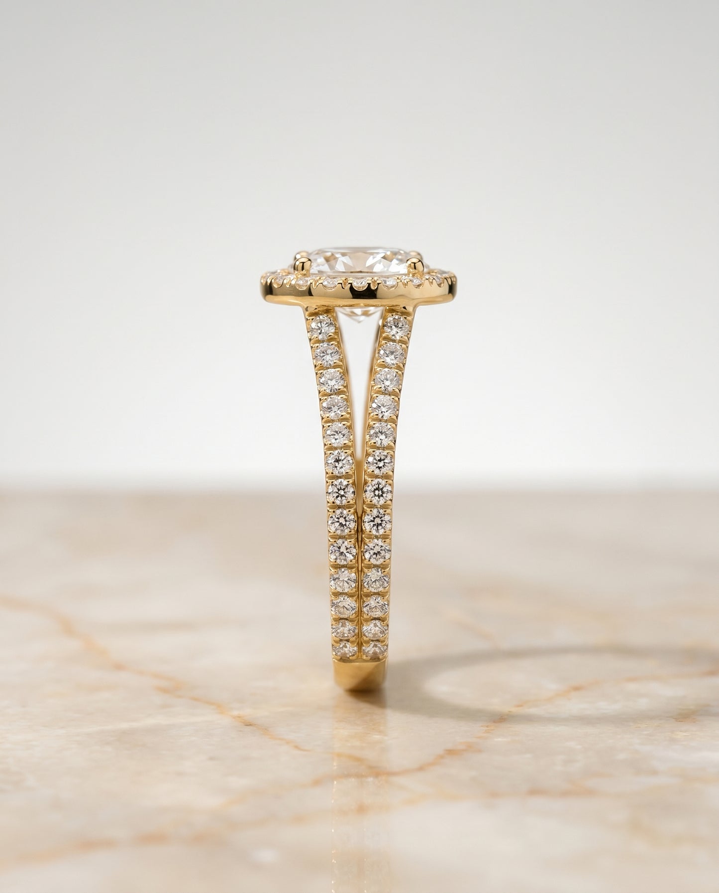 The Celine Two Row Pavé Split Shank Halo Oval Engagement Ring Setting in 18K Yellow Gold
