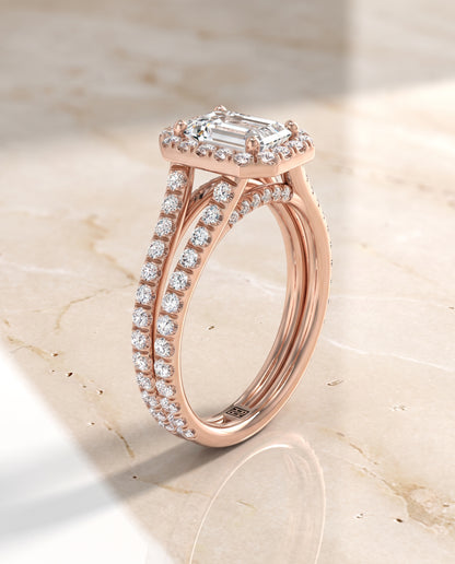 The Celine Two Row Pavé Split Shank Halo Emerald Cut Engagement Ring Setting in 14K Rose Gold