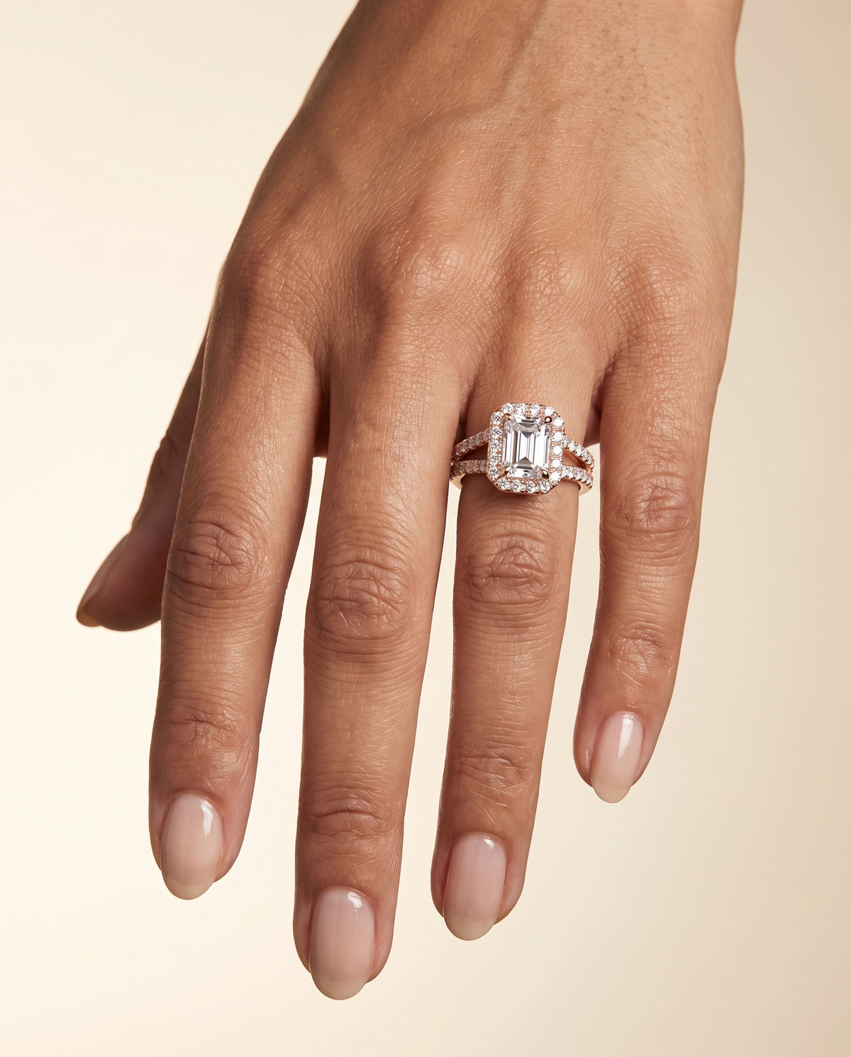 The Celine Two Row Pavé Split Shank Halo Emerald Cut Engagement Ring Setting in 14K Rose Gold