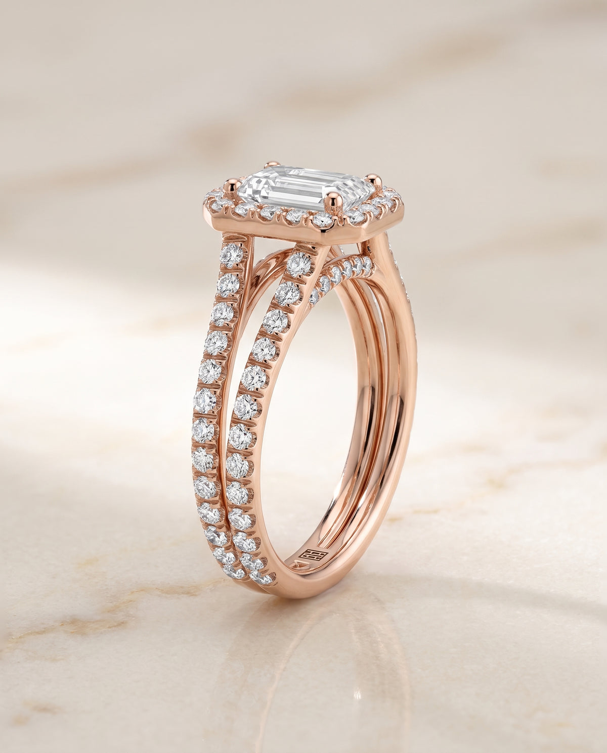 The Celine Two Row Pavé Split Shank Halo Emerald Cut Engagement Ring Setting in 14K Rose Gold
