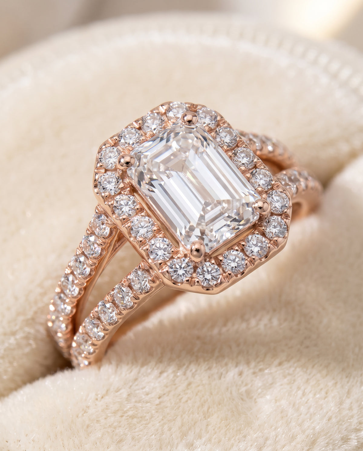 The Celine Two Row Pavé Split Shank Halo Emerald Cut Engagement Ring Setting in 14K Rose Gold