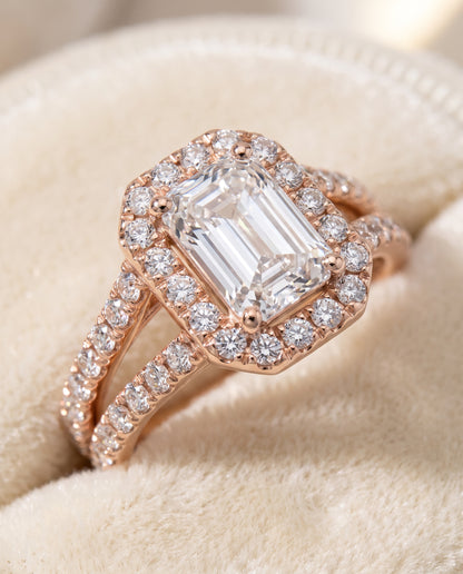 The Celine Two Row Pavé Split Shank Halo Emerald Cut Engagement Ring Setting in 14K Rose Gold