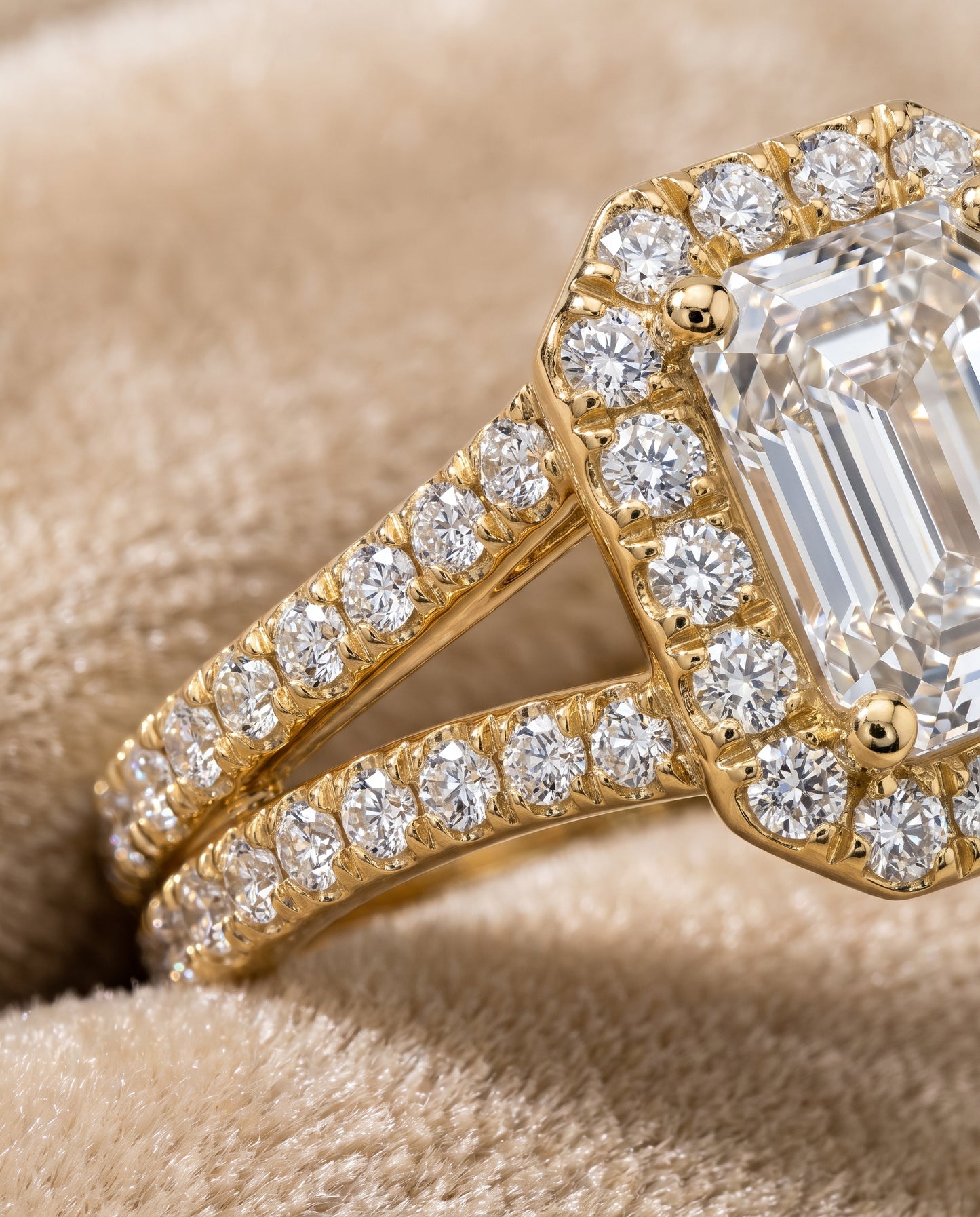 The Celine Two Row Pavé Split Shank Halo Emerald Cut Engagement Ring Setting in 18K Yellow Gold
