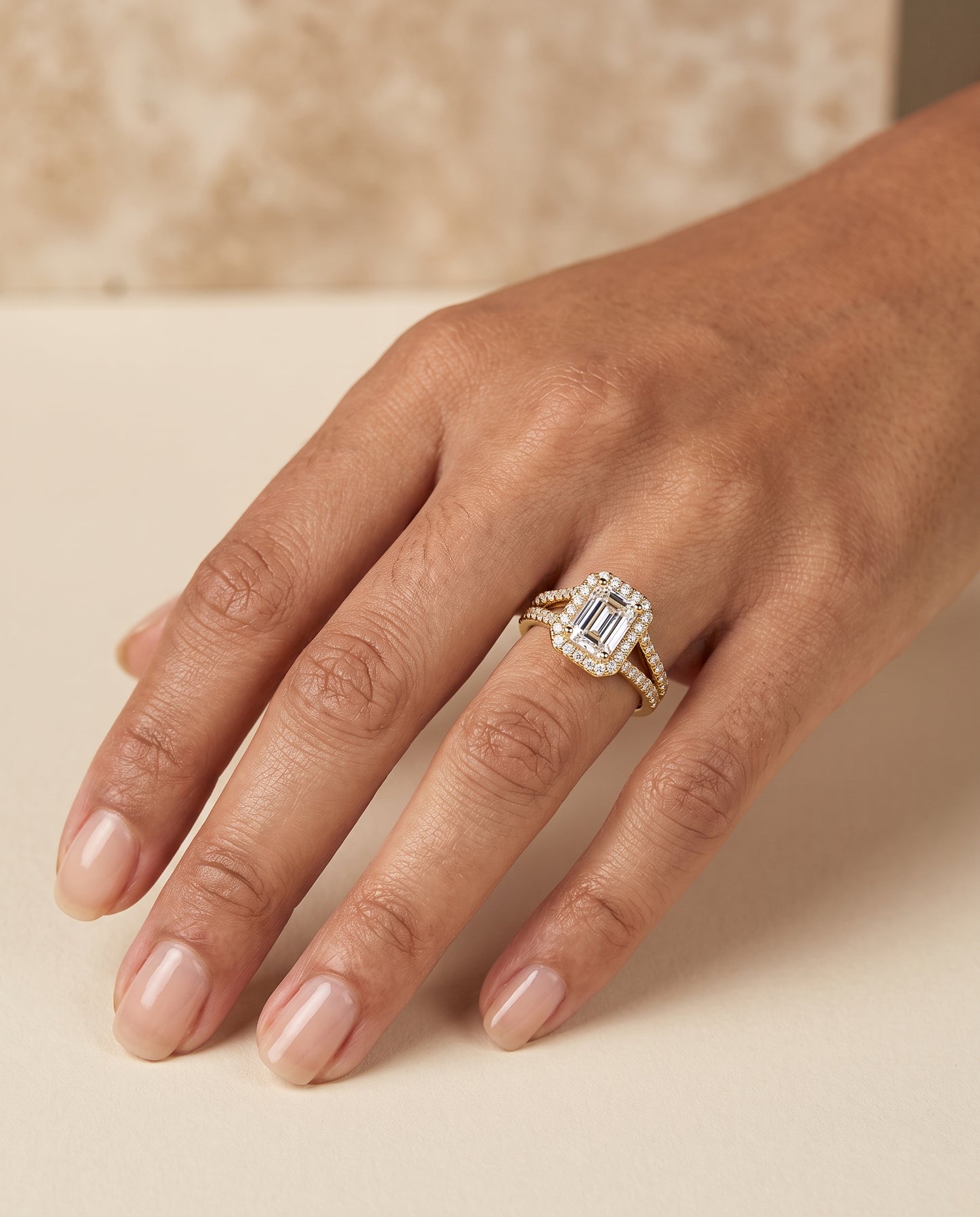 The Celine Two Row Pavé Split Shank Halo Emerald Cut Engagement Ring Setting in 18K Yellow Gold