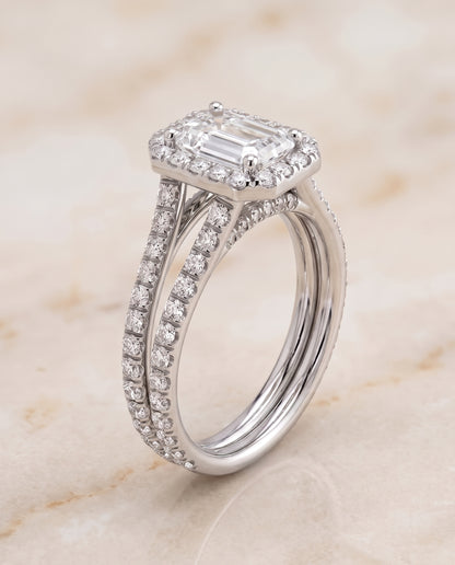 The Celine Two Row Pavé Split Shank Halo Emerald Cut Engagement Ring Setting in Platinum