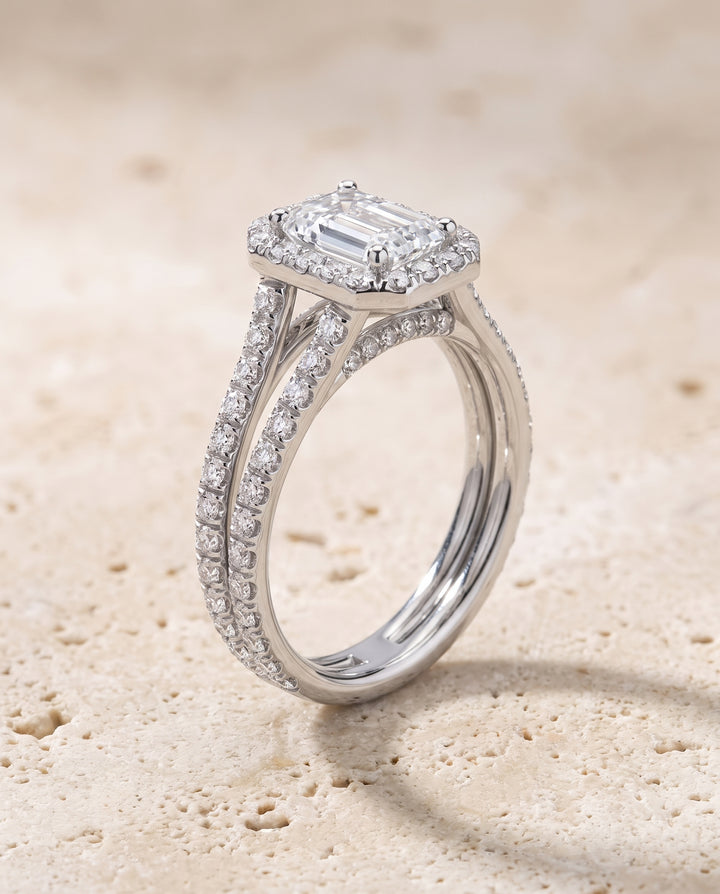 The Celine Two Row Pavé Split Shank Halo Emerald Cut Engagement Ring Setting in Platinum