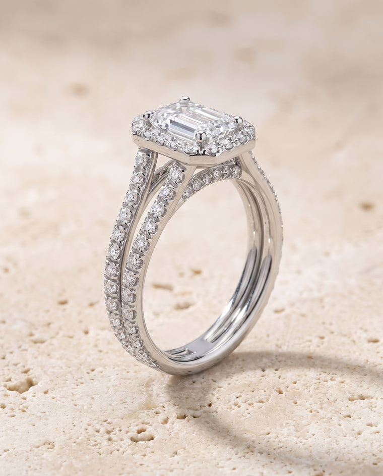 The Celine Two Row Pavé Split Shank Halo Emerald Cut Engagement Ring Setting in Platinum