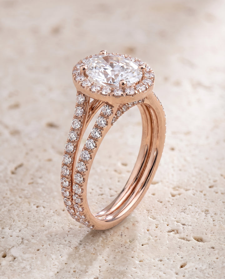 The Celine Two Row Pavé Split Shank Halo Oval Engagement Ring Setting in 14K Rose Gold