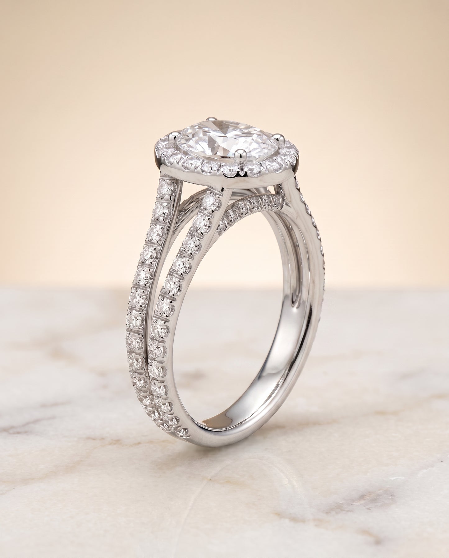 The Celine Two Row Pavé Split Shank Halo Oval Engagement Ring Setting in Platinum