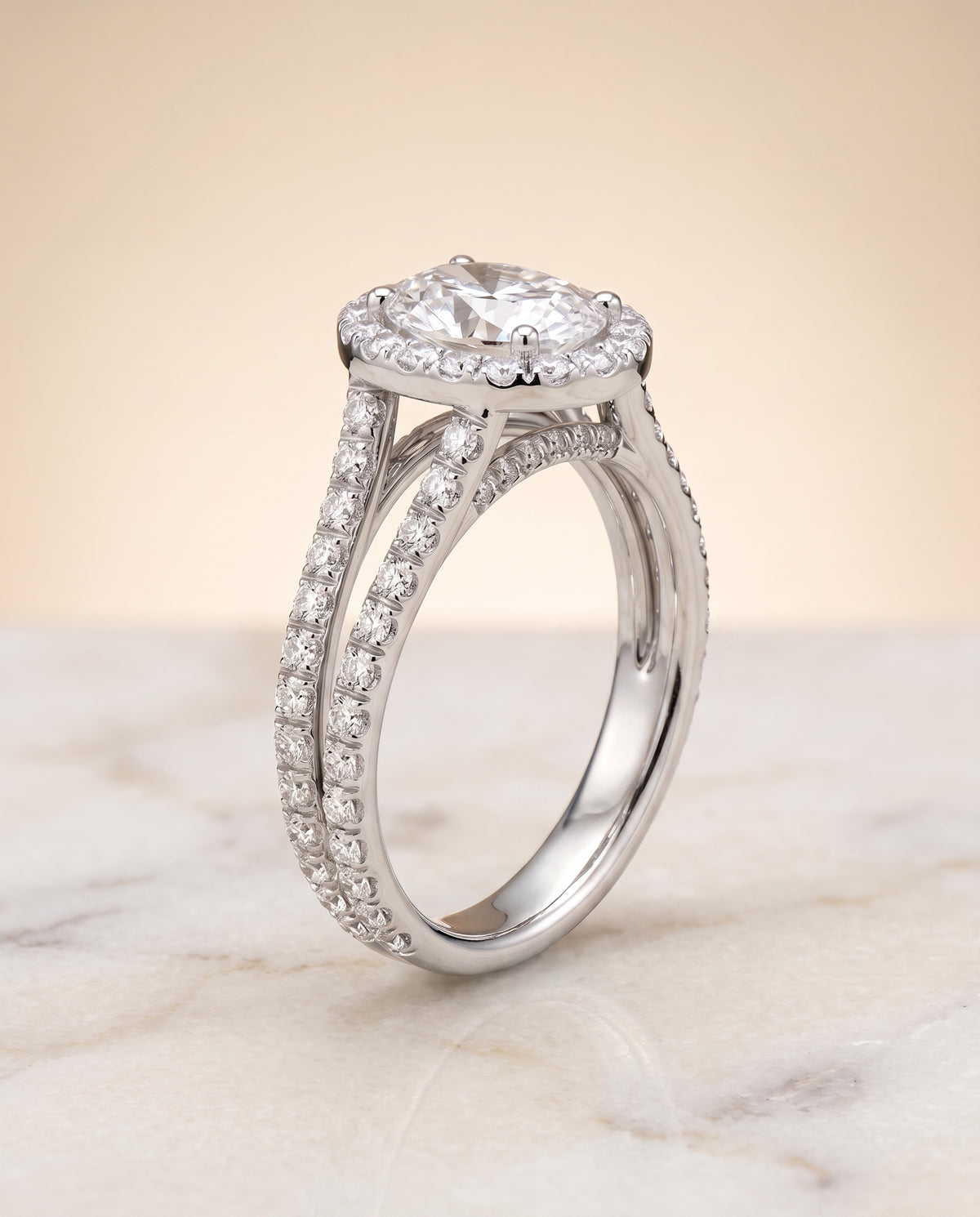 Two Row Pavé Split Shank Halo styling on The Celine oval engagement ring setting | RockHer