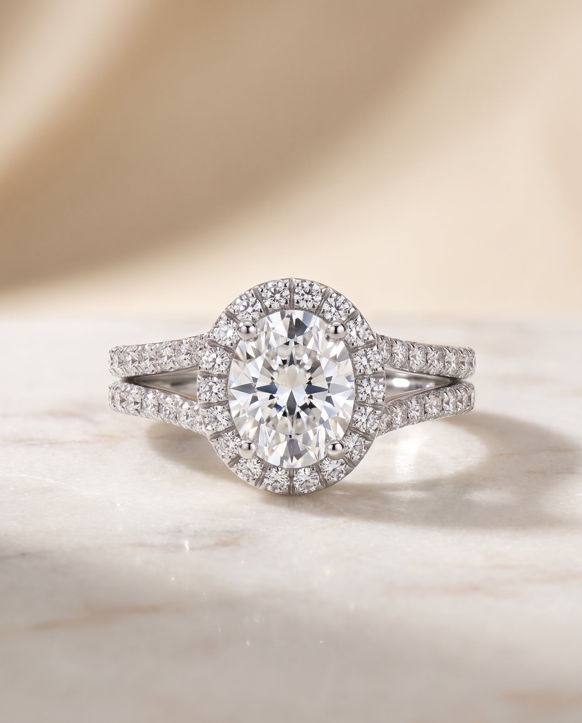 The Celine Two Row Pavé Split Shank Halo Oval Engagement Ring Setting in Platinum