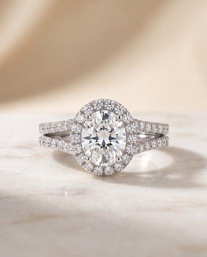 The Celine Two Row Pavé Split Shank Halo Oval Engagement Ring Setting in Platinum