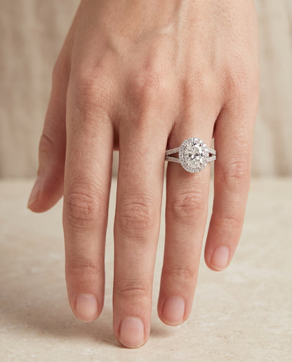 The Celine Two Row Pavé Split Shank Halo Oval Engagement Ring Setting in Platinum