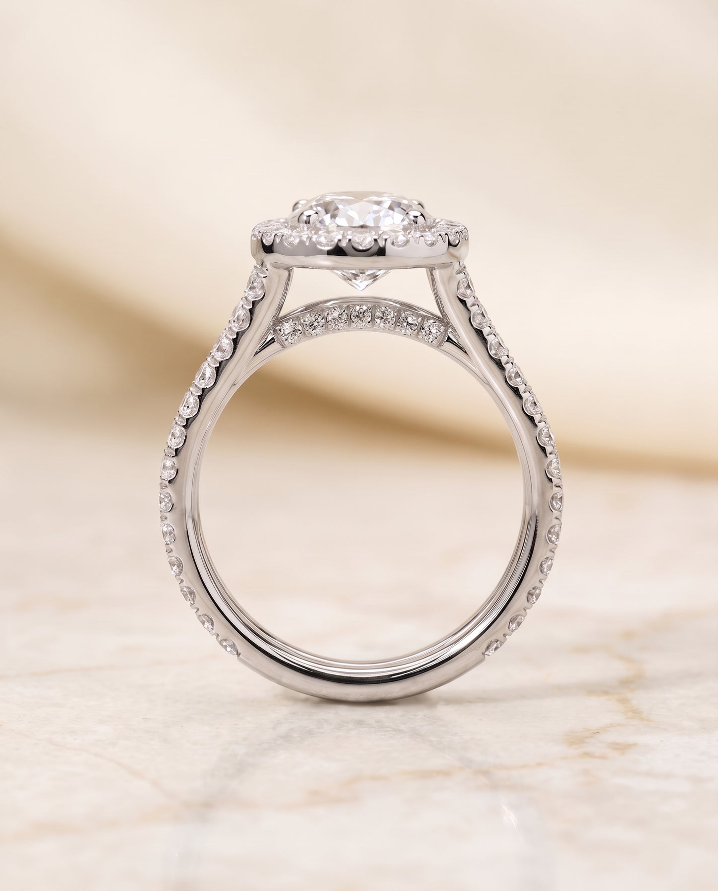 The Celine Two Row Pavé Split Shank Halo Oval Engagement Ring Setting in Platinum