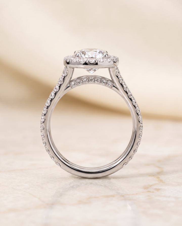 The Celine Two Row Pavé Split Shank Halo Oval Engagement Ring Setting in Platinum