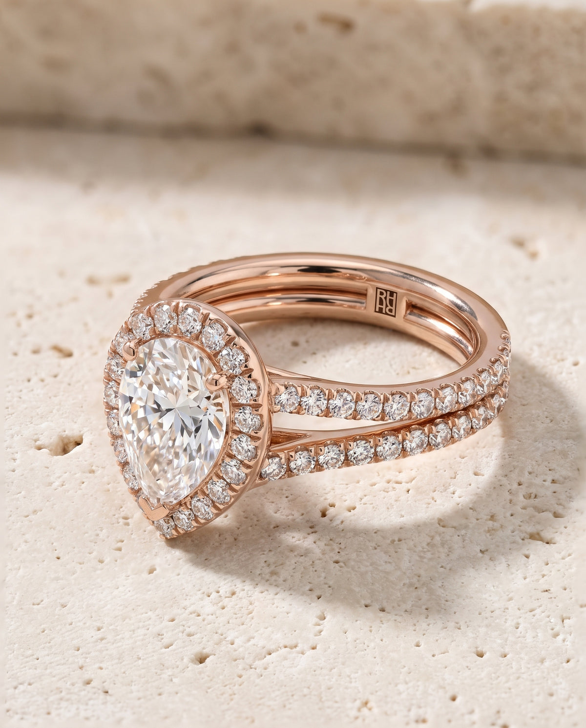 Pear engagement ring setting in 14K Rose Gold, Celine Two Row Pavé Split Shank Halo Pear, alternate view | RockHer
