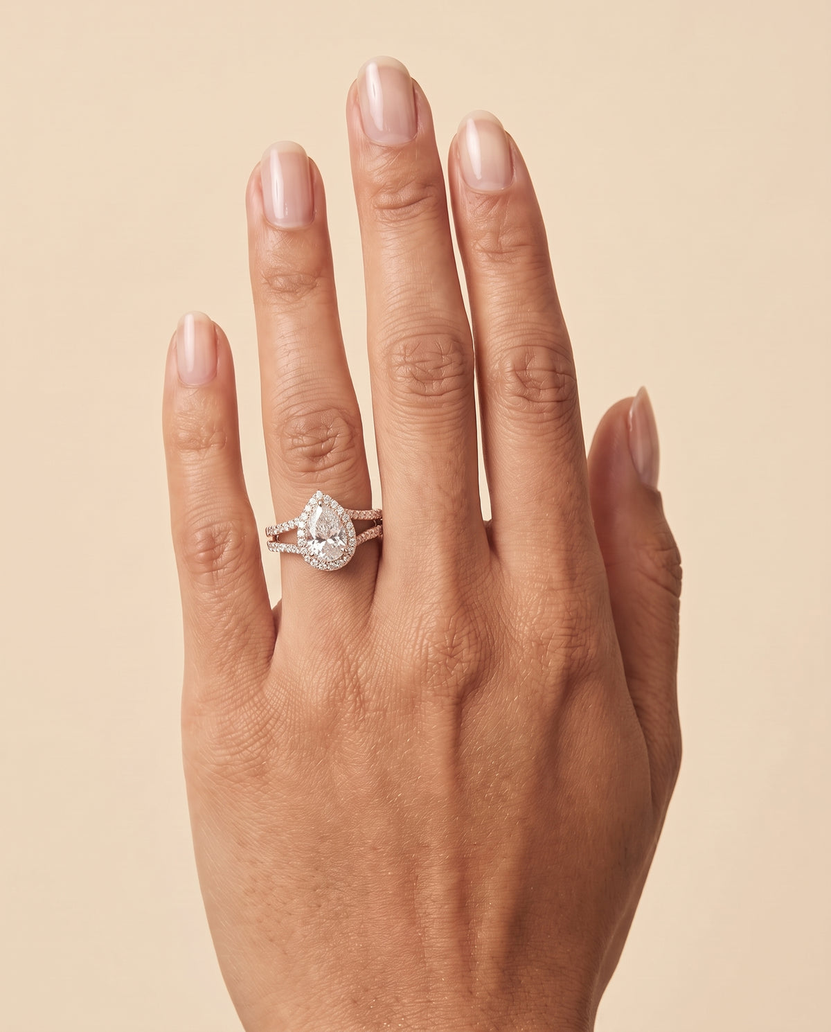 Pear engagement ring setting in 14K Rose Gold, Celine Two Row Pavé Split Shank Halo Pear, alternate view | RockHer