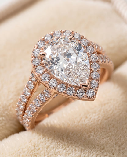 Pear engagement ring setting in 14K Rose Gold, Celine Two Row Pavé Split Shank Halo Pear, alternate view | RockHer