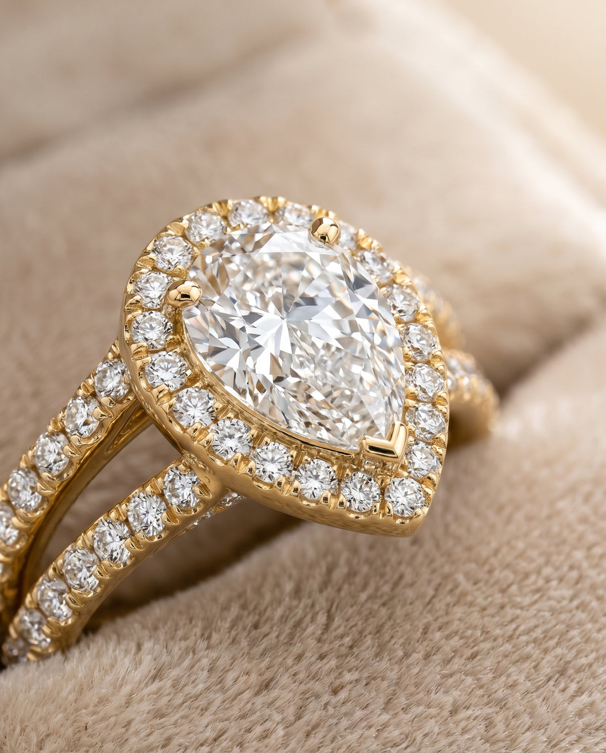 The Celine Two Row Pavé Split Shank Halo Pear Engagement Ring Setting in 18K Yellow Gold