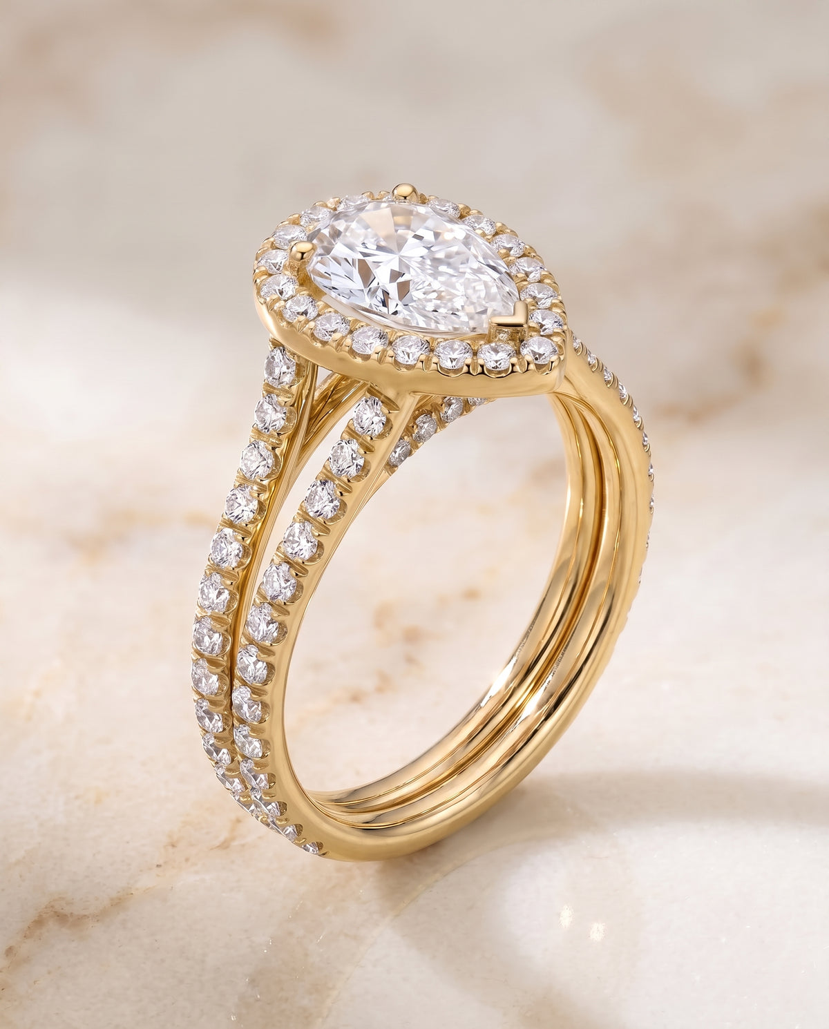 The Celine Two Row Pavé Split Shank Halo Pear Engagement Ring Setting in 18K Yellow Gold