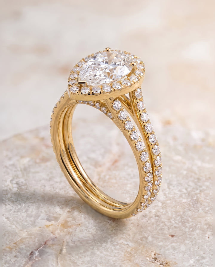 The Celine Two Row Pavé Split Shank Halo Pear Engagement Ring Setting in 18K Yellow Gold