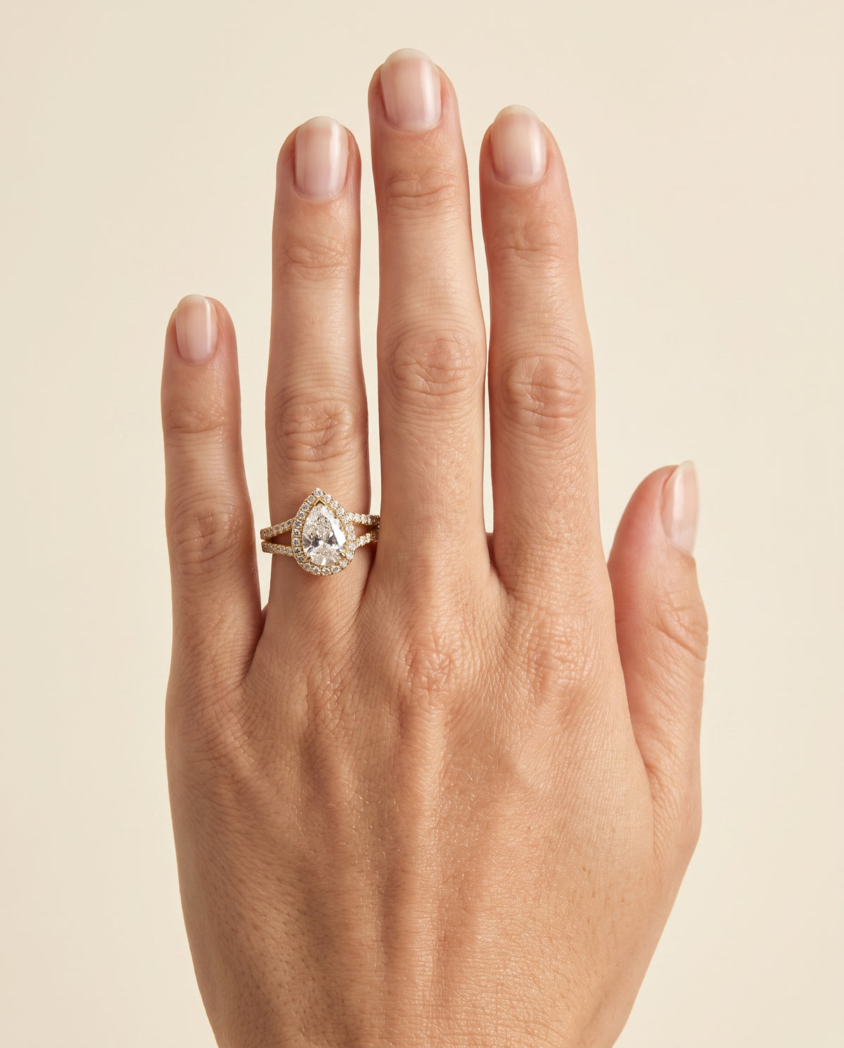 The Celine Two Row Pavé Split Shank Halo Pear Engagement Ring Setting in 18K Yellow Gold