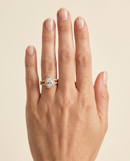 The Celine Two Row Pavé Split Shank Halo Pear Engagement Ring Setting in 18K Yellow Gold