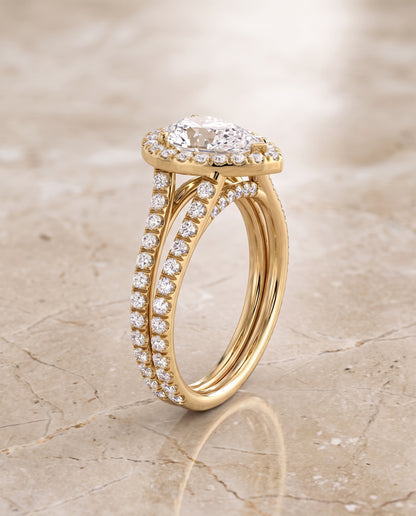 The Celine Two Row Pavé Split Shank Halo Pear Engagement Ring Setting in 18K Yellow Gold