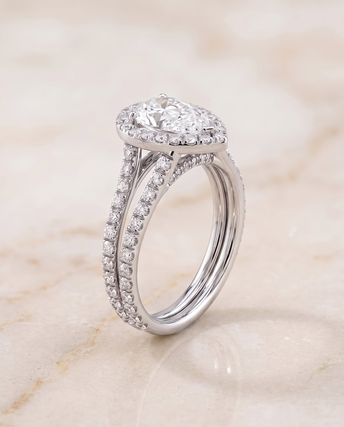 The Celine Two Row Pavé Split Shank Halo Pear Engagement Ring Setting in Platinum