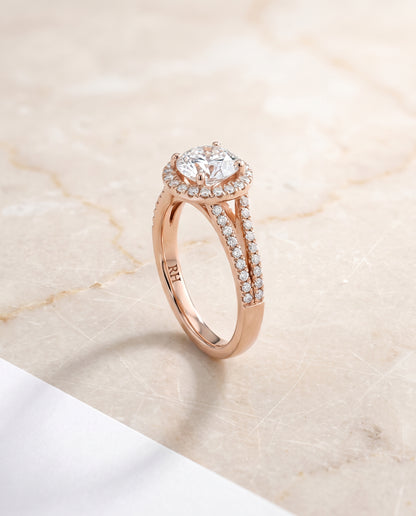 The Celine Two Row Pavé Split Shank Halo Round Engagement Ring Setting in 14K Rose Gold