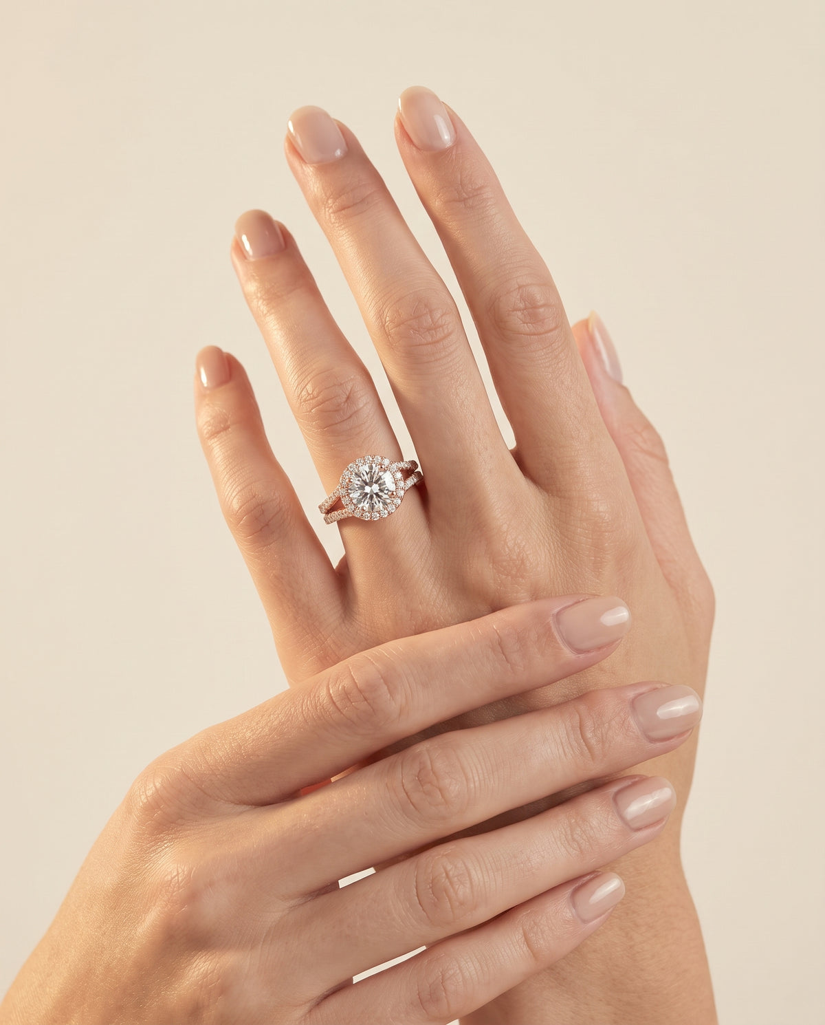 The Celine Two Row Pavé Split Shank Halo Round Engagement Ring Setting in 14K Rose Gold