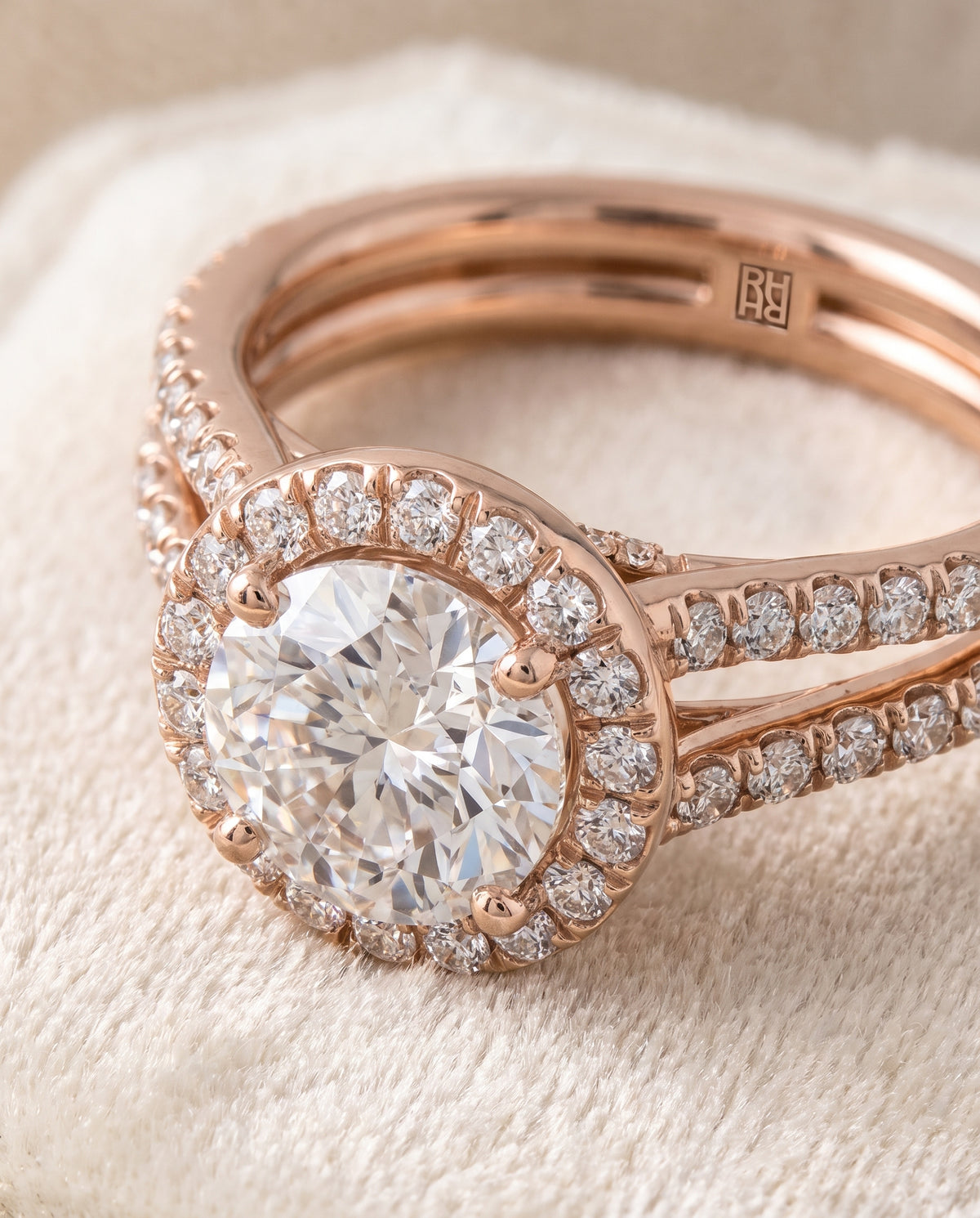 The Celine Two Row Pavé Split Shank Halo Round Engagement Ring Setting in 14K Rose Gold