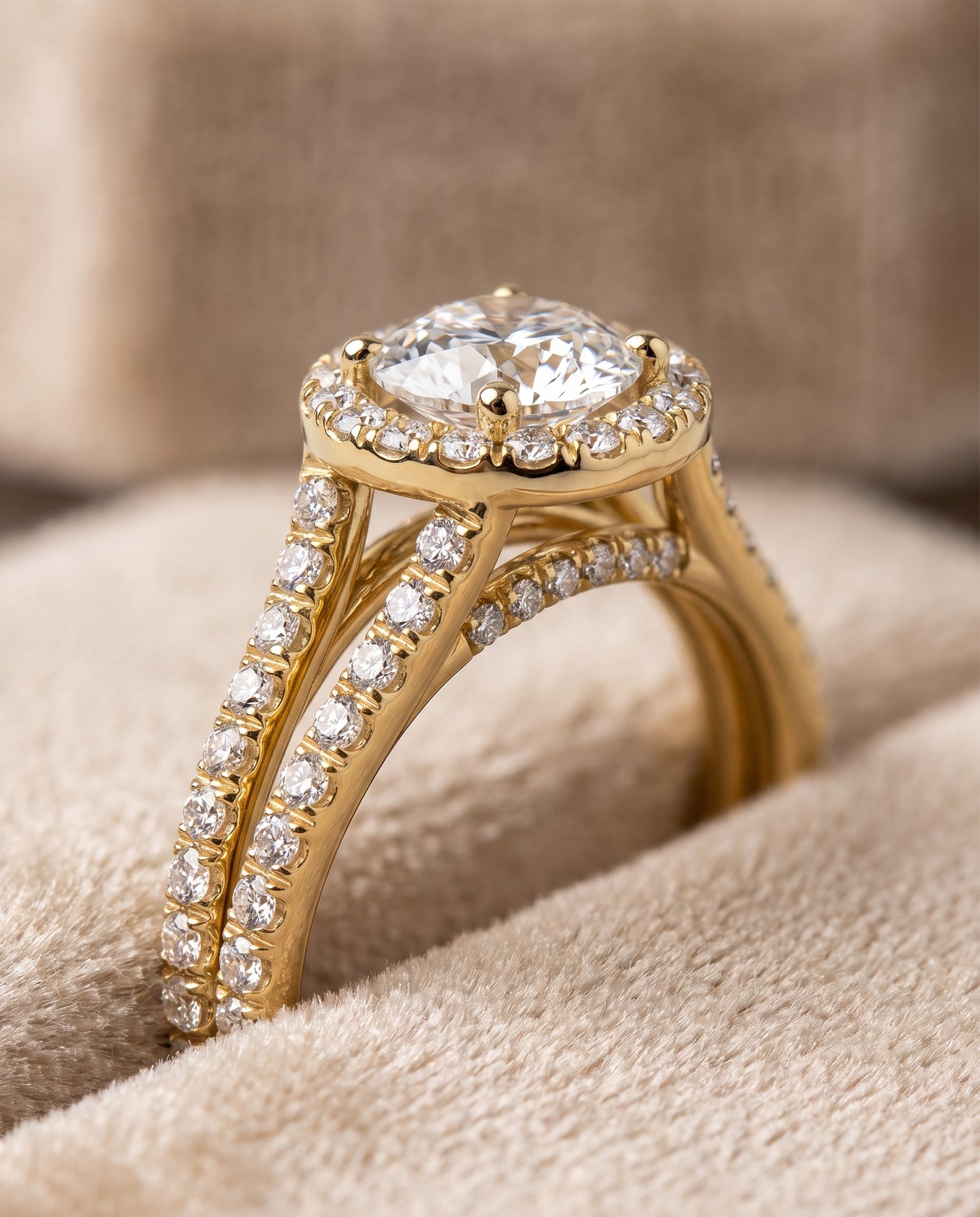 The Celine Two Row Pavé Split Shank Halo Round Engagement Ring Setting in 18K Yellow Gold