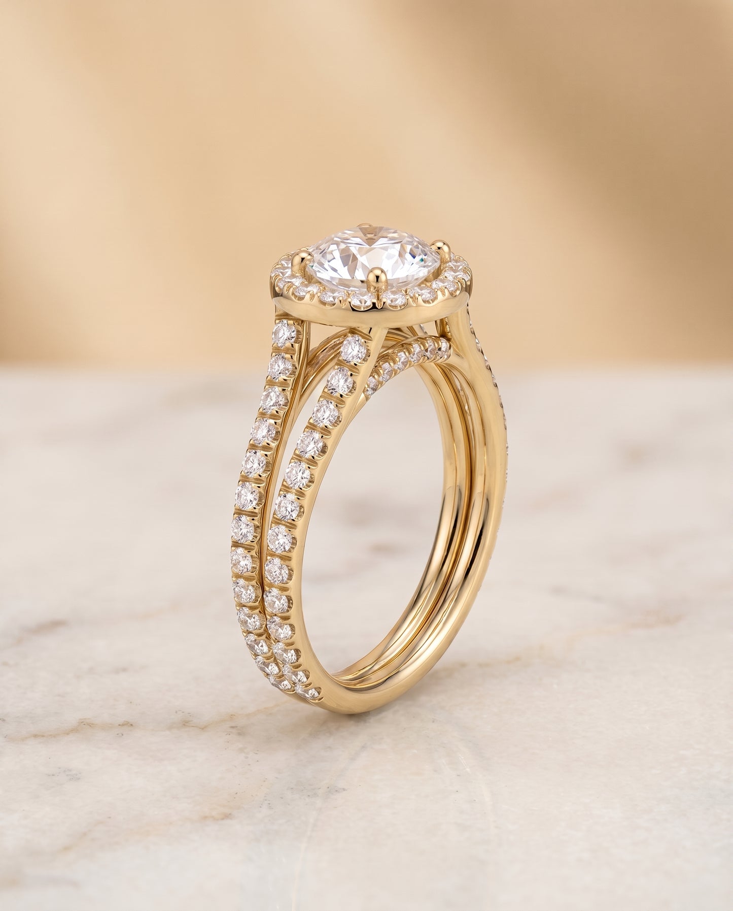 The Celine Two Row Pavé Split Shank Halo Round Engagement Ring Setting in 18K Yellow Gold