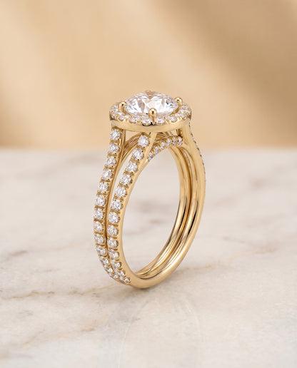 The Celine Two Row Pavé Split Shank Halo Round Engagement Ring Setting in 18K Yellow Gold