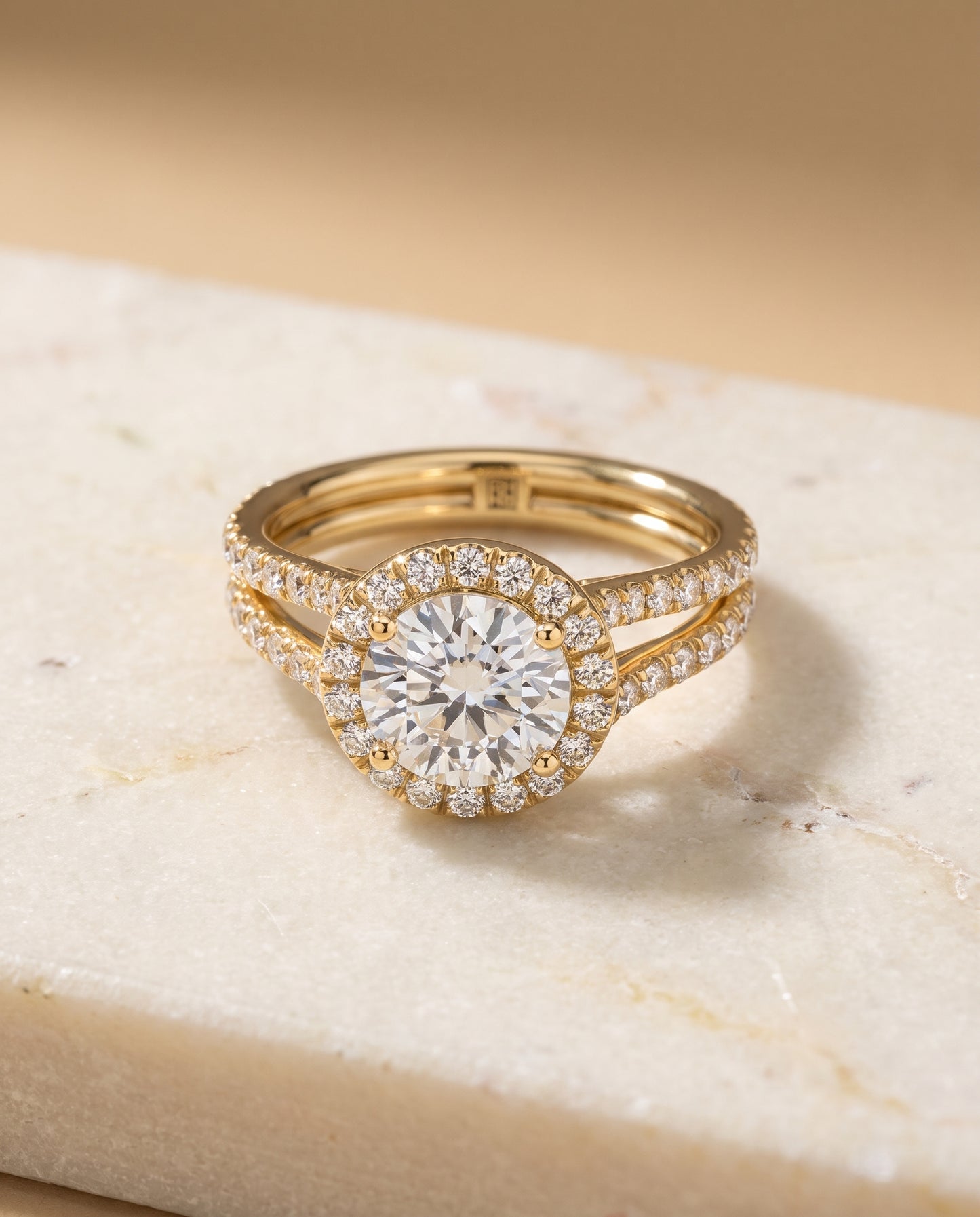 The Celine Two Row Pavé Split Shank Halo Round Engagement Ring Setting in 18K Yellow Gold