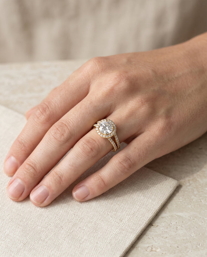 The Celine Two Row Pavé Split Shank Halo Round Engagement Ring Setting in 18K Yellow Gold