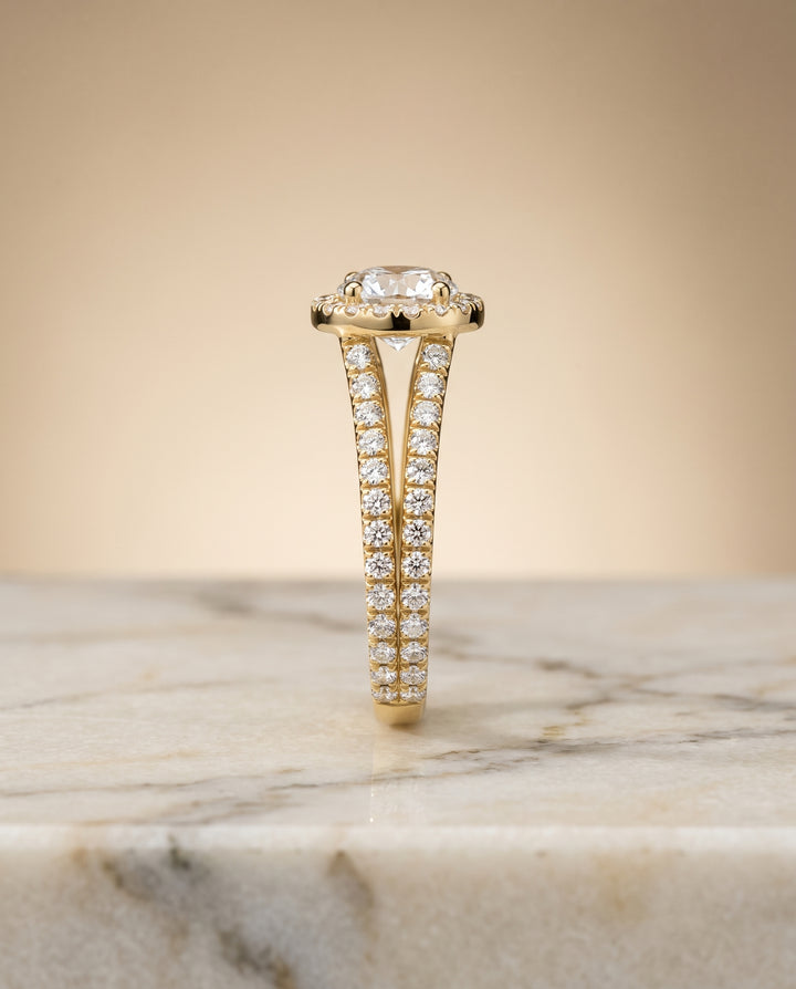 The Celine Two Row Pavé Split Shank Halo Round Engagement Ring Setting in 18K Yellow Gold