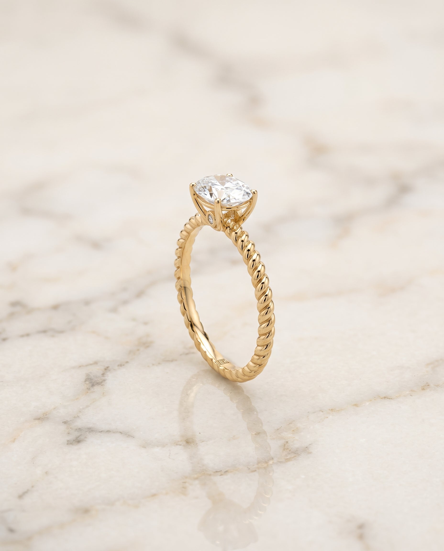 The Charlie Twisted Rope Surprise Stone Solitaire Oval Engagement Ring Setting in 18K Yellow Gold