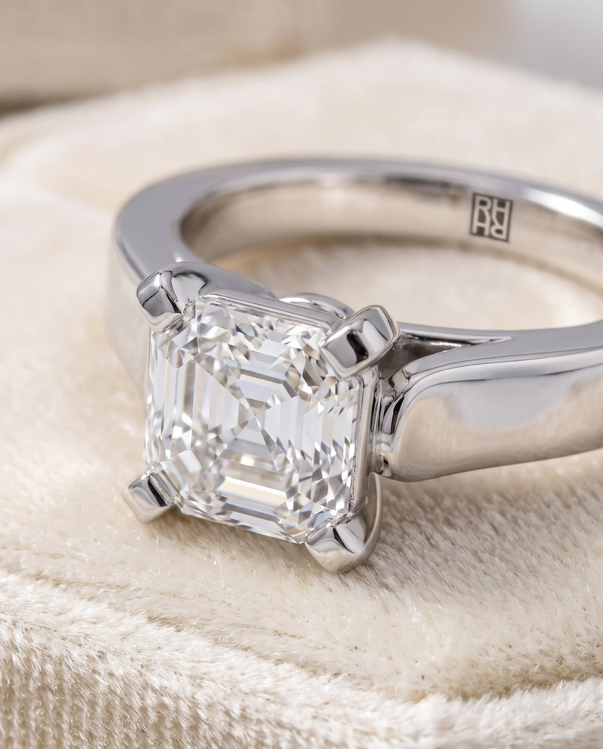 The Charlotte Cathedral Squared Edge Solitaire Asscher Cut Engagement Ring Setting in Platinum