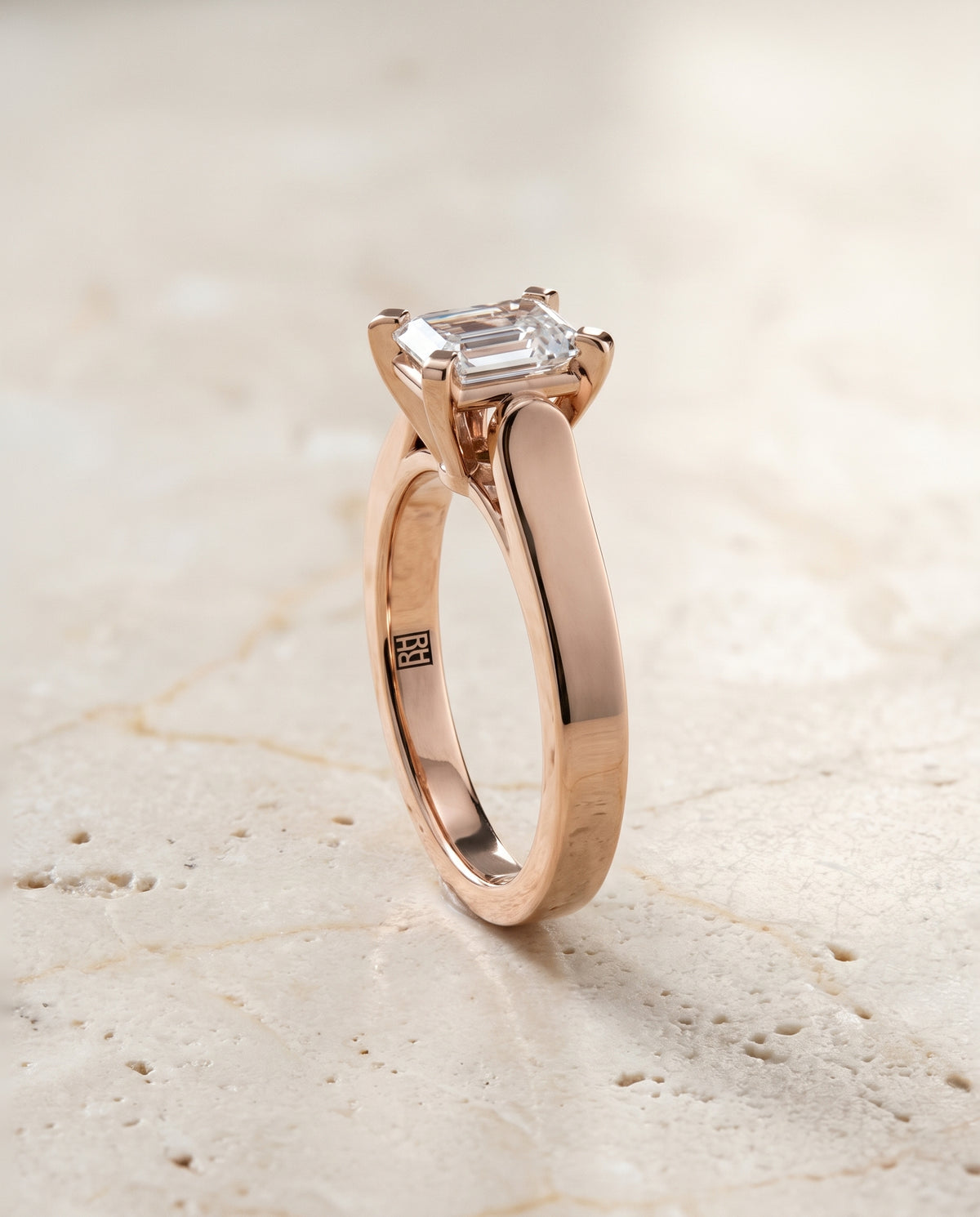 The Charlotte Cathedral Squared Edge Solitaire Emerald Cut Engagement Ring Setting in 14K Rose Gold
